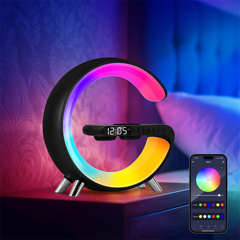 G-Shape LED lamp shown in ambient color mode on a desk